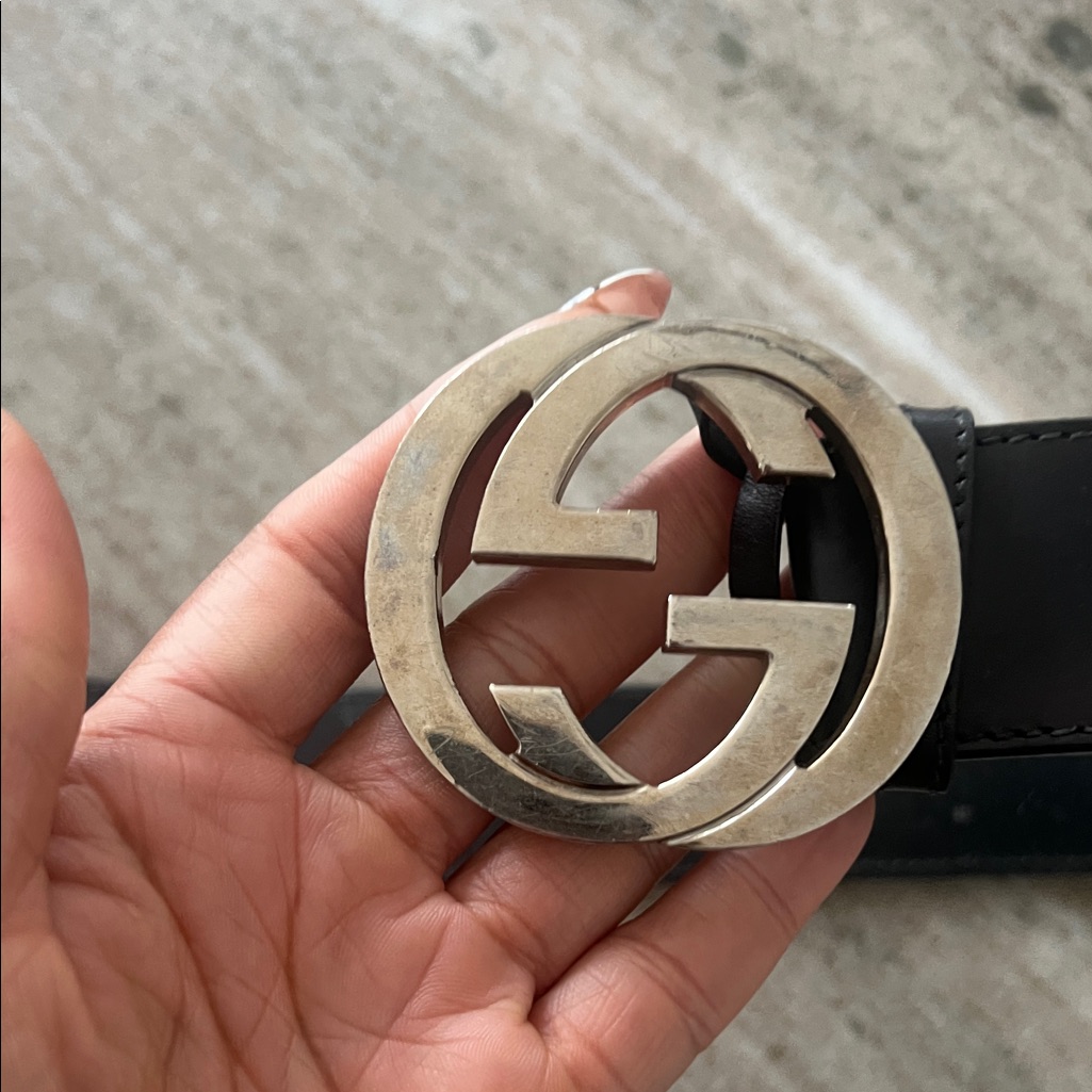 Authentic Gucci Black Belt With Silver Interlocking G Buckle